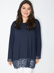 Langærmet bluse med blonde ærme og blonde forneden - Viskose Elastan