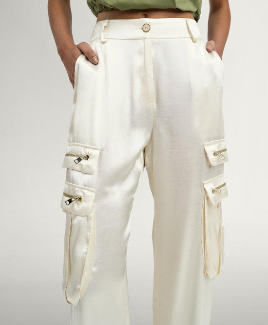 Access Fashion Satin cargobukser med lommer og lynlåse