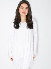 Langærmet bluse med blonde ærme og blonde forneden - Viskose Elastan