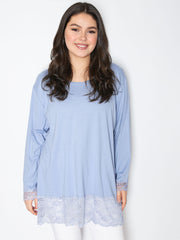 Langærmet bluse med blonde ærme og blonde forneden - Viskose Elastan