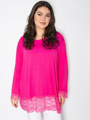 Langærmet bluse med blonde ærme og blonde forneden - Viskose Elastan