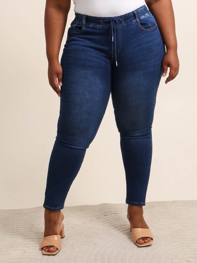 Jeggings med snøre i taljen darkwash plus size by Krone 1