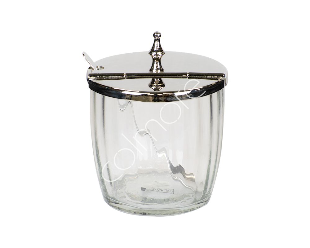 Elegant sukkerskål i glas med sølvlåg og ske 11x11x14 cm by Colmore