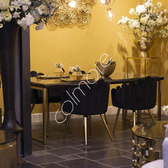 Dining table black sleepar wood w. glass IR gold legs 200x100