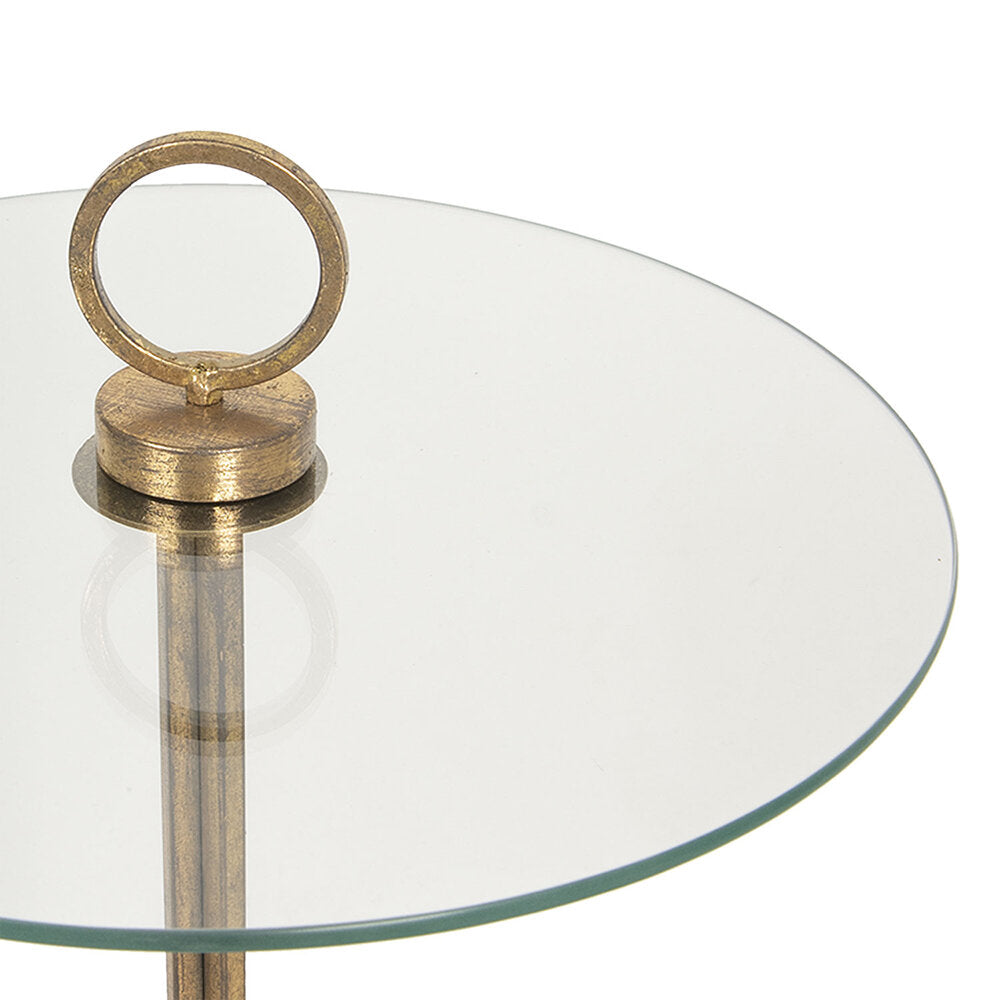 Guldfarvet sidebord med rund glas plade Ø 45x70 cm