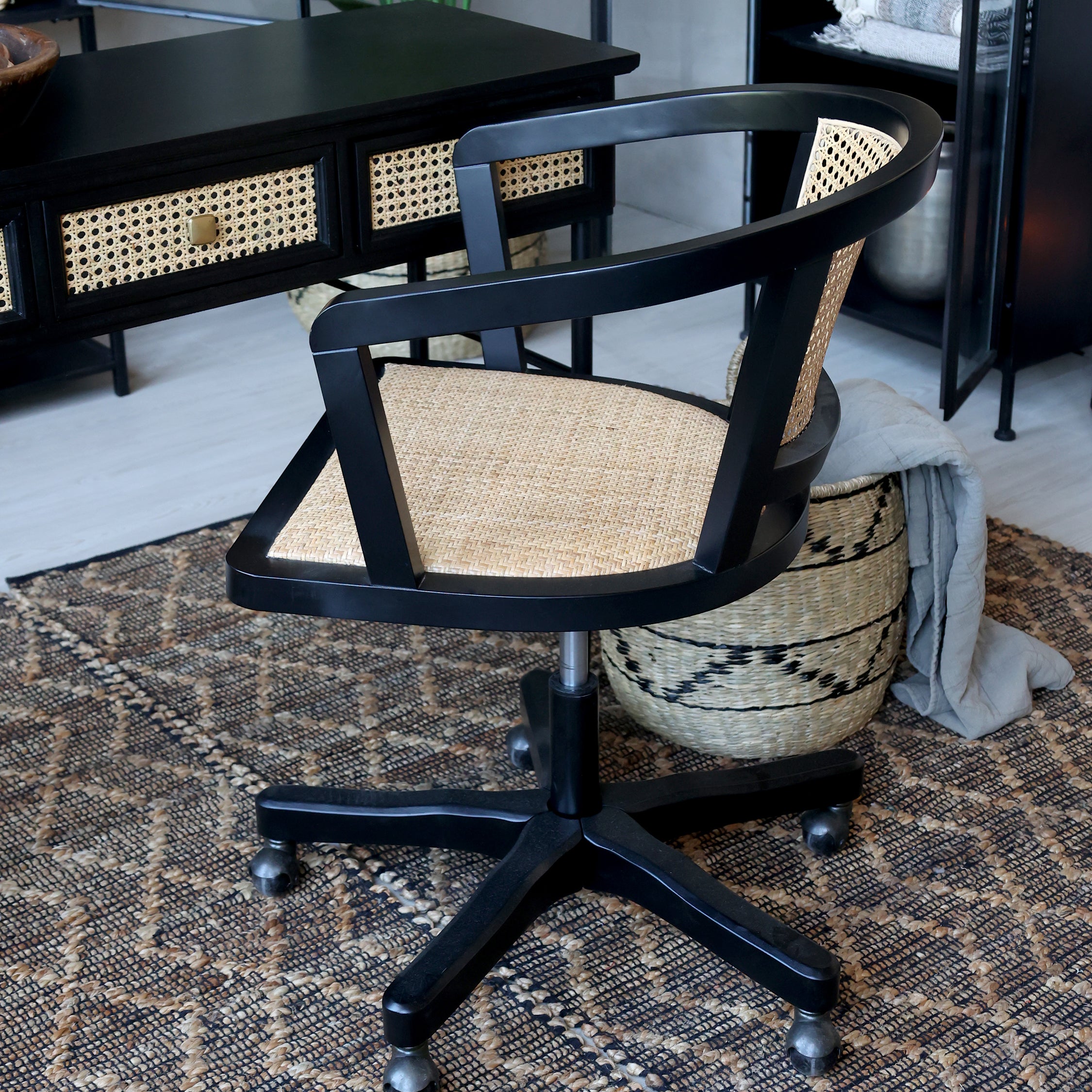Fransk Kontorstol m. fletsæde & ryg, H80/L60/B60 cm antique sort