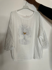 Bomuldsbluse med bling livets træ - ITJULI25