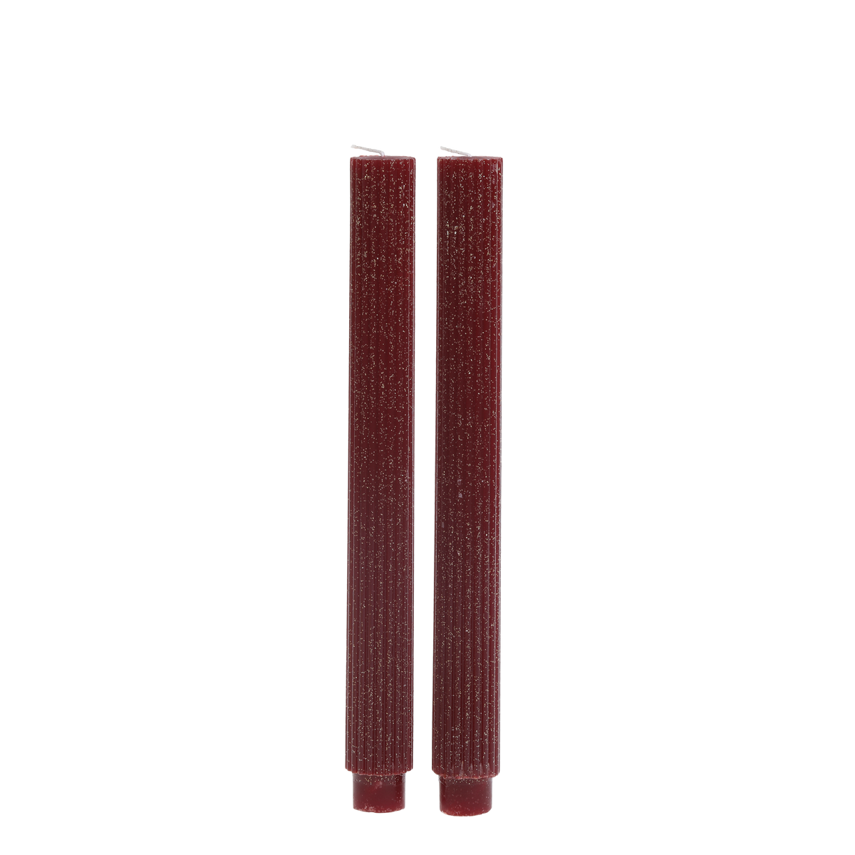 Dinner Candle w. grooves & glitter set of 2 H26.5/D2.5 cm cherry