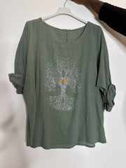 Bomuldsbluse med bling livets træ - ITJULI25