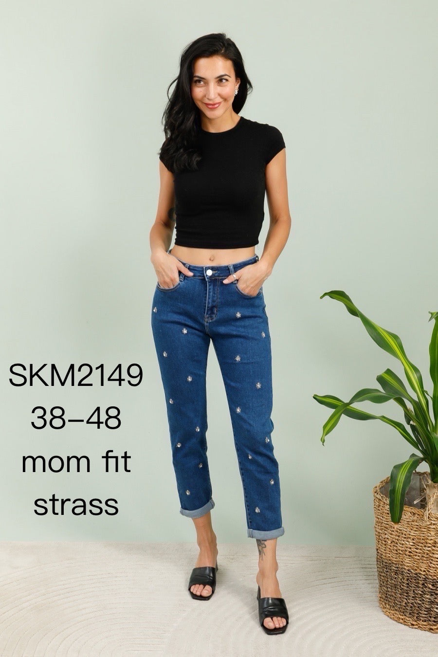 Mom fit jeans med bling blomst darkwash by G-Smack