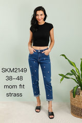 Mom fit jeans med bling blomst darkwash by G-Smack