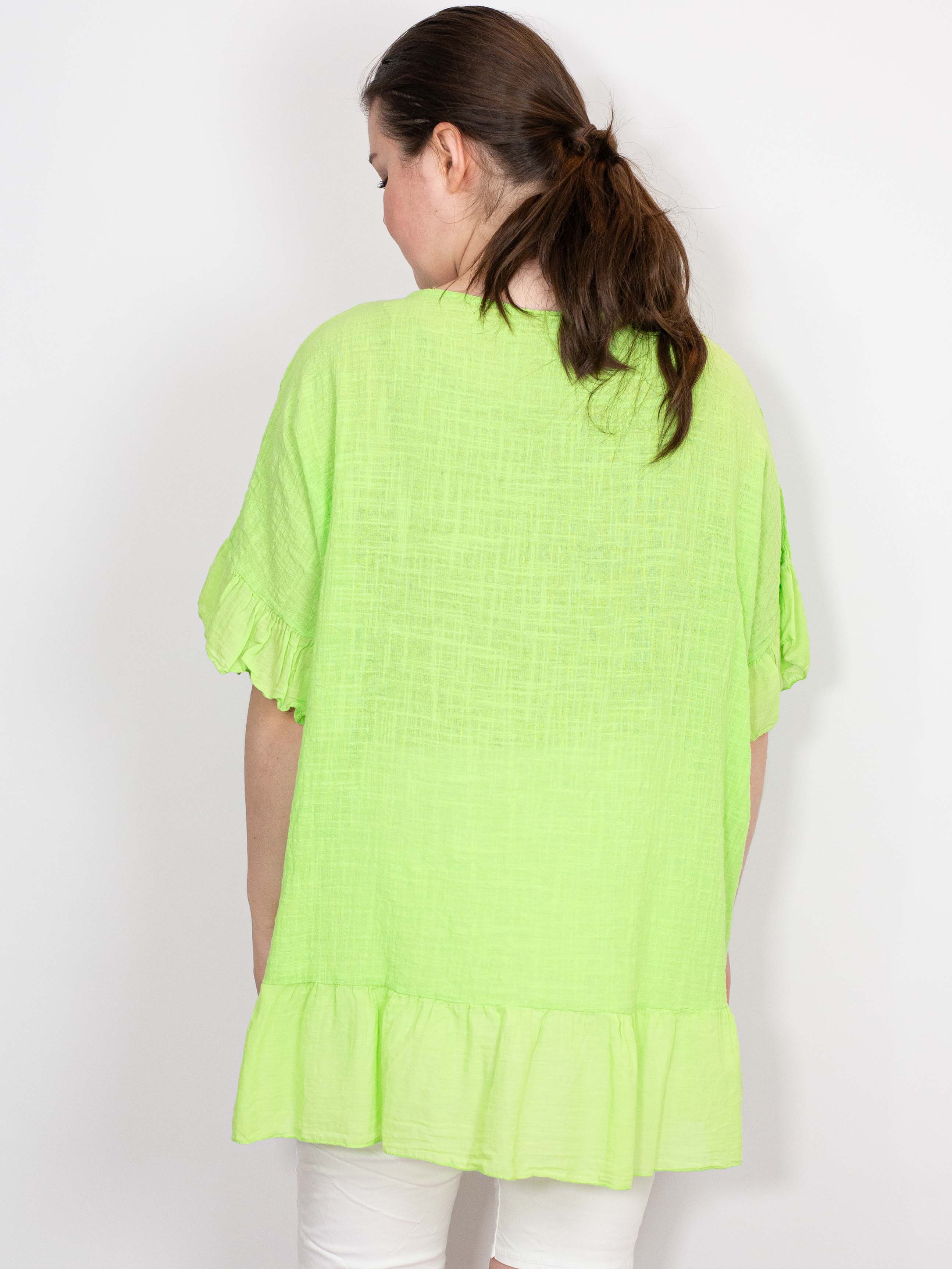 Bomuldsbluse med flæsekanter - Brystmål 140cm