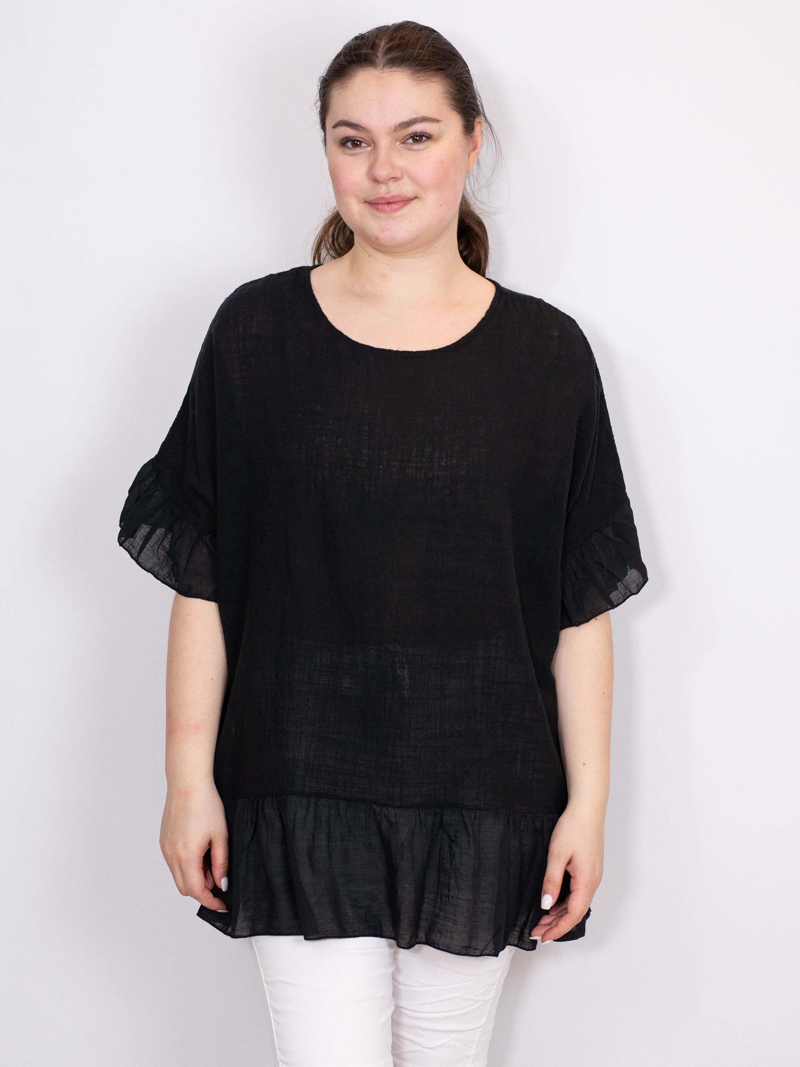 Bomuldsbluse med flæsekanter - Brystmål 140cm