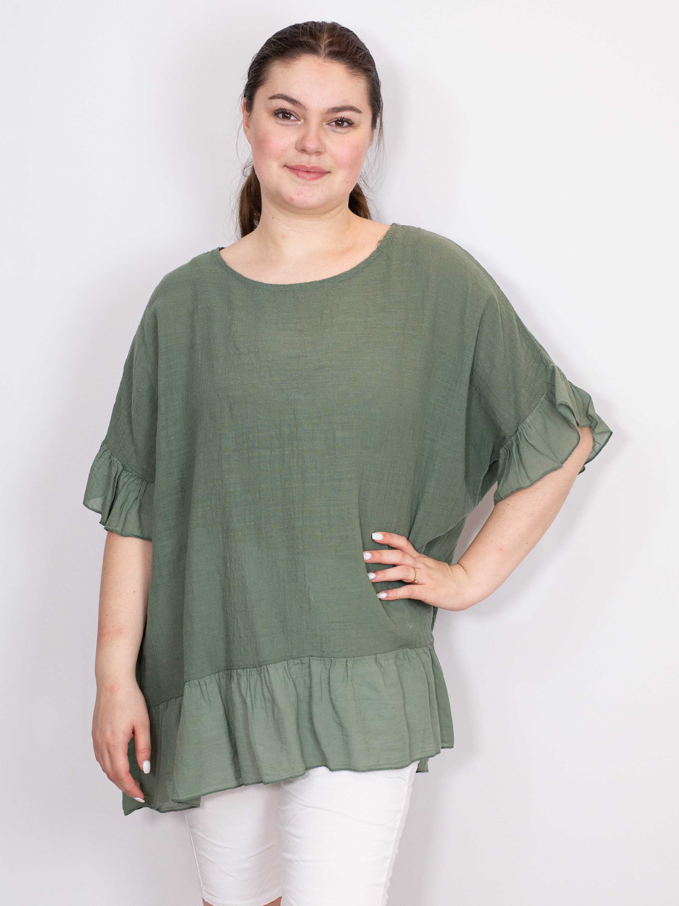 Bomuldsbluse med flæsekanter - Brystmål 140cm
