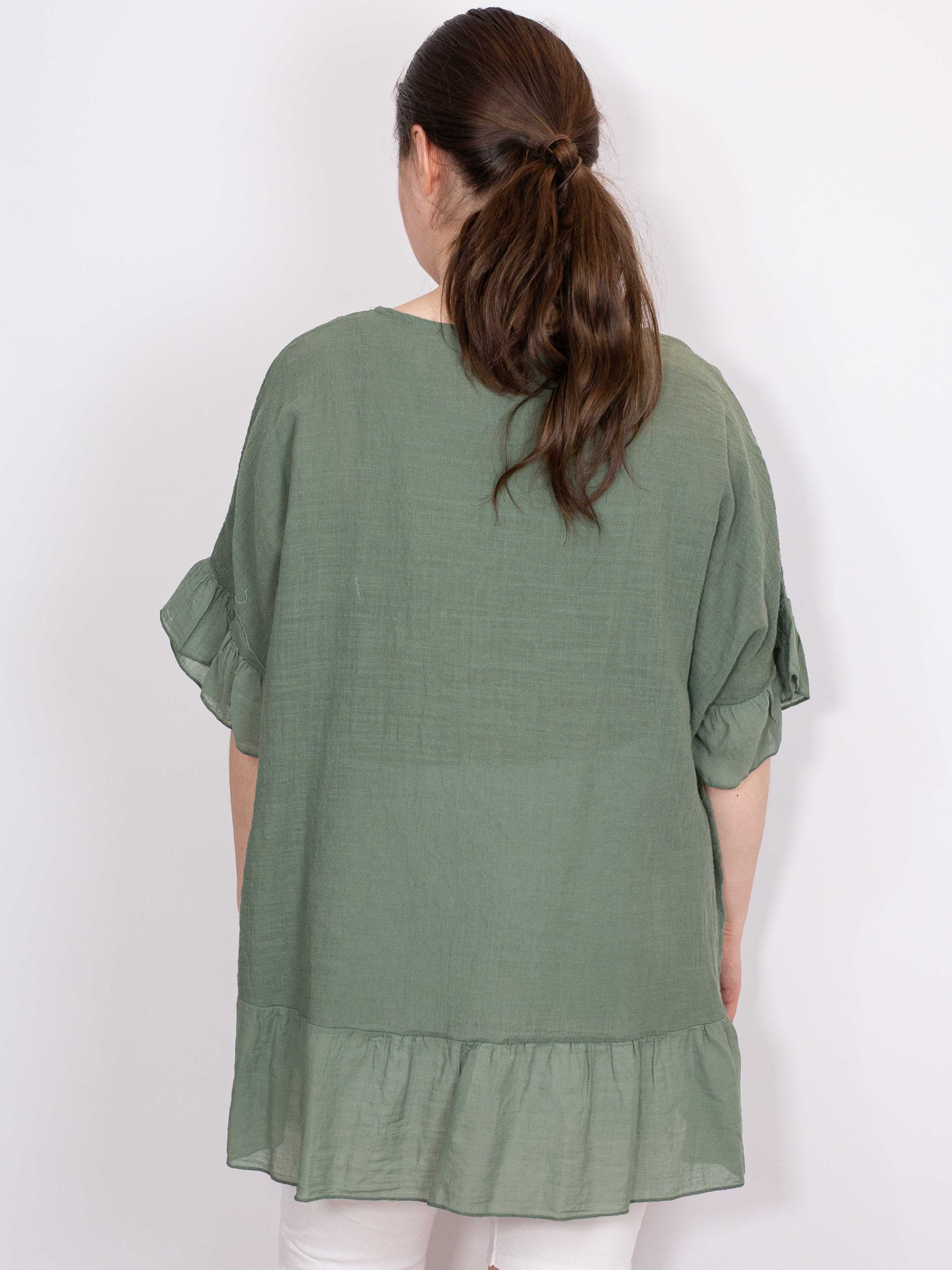 Bomuldsbluse med flæsekanter - Brystmål 140cm