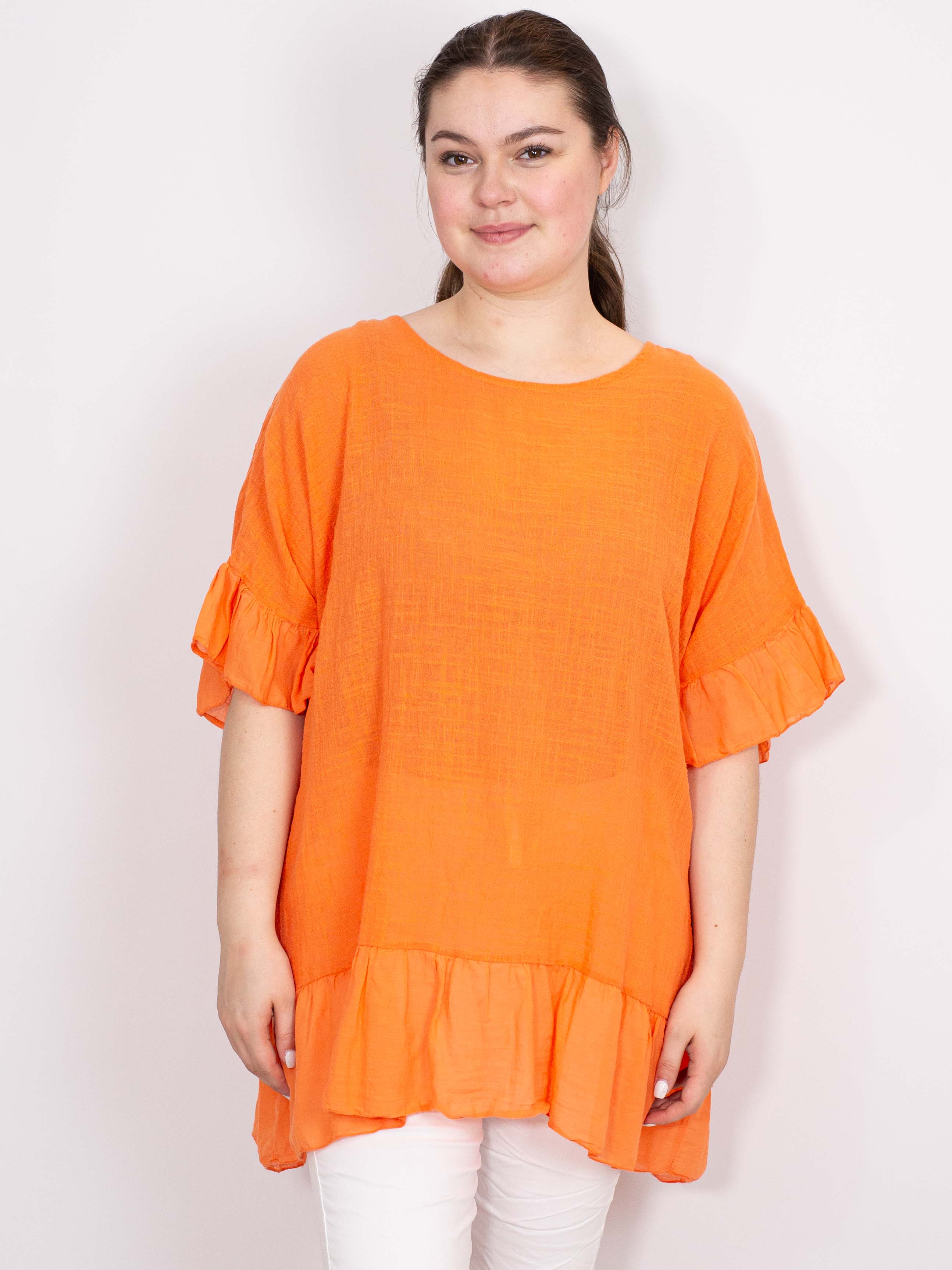 Bomuldsbluse med flæsekanter - Brystmål 140cm
