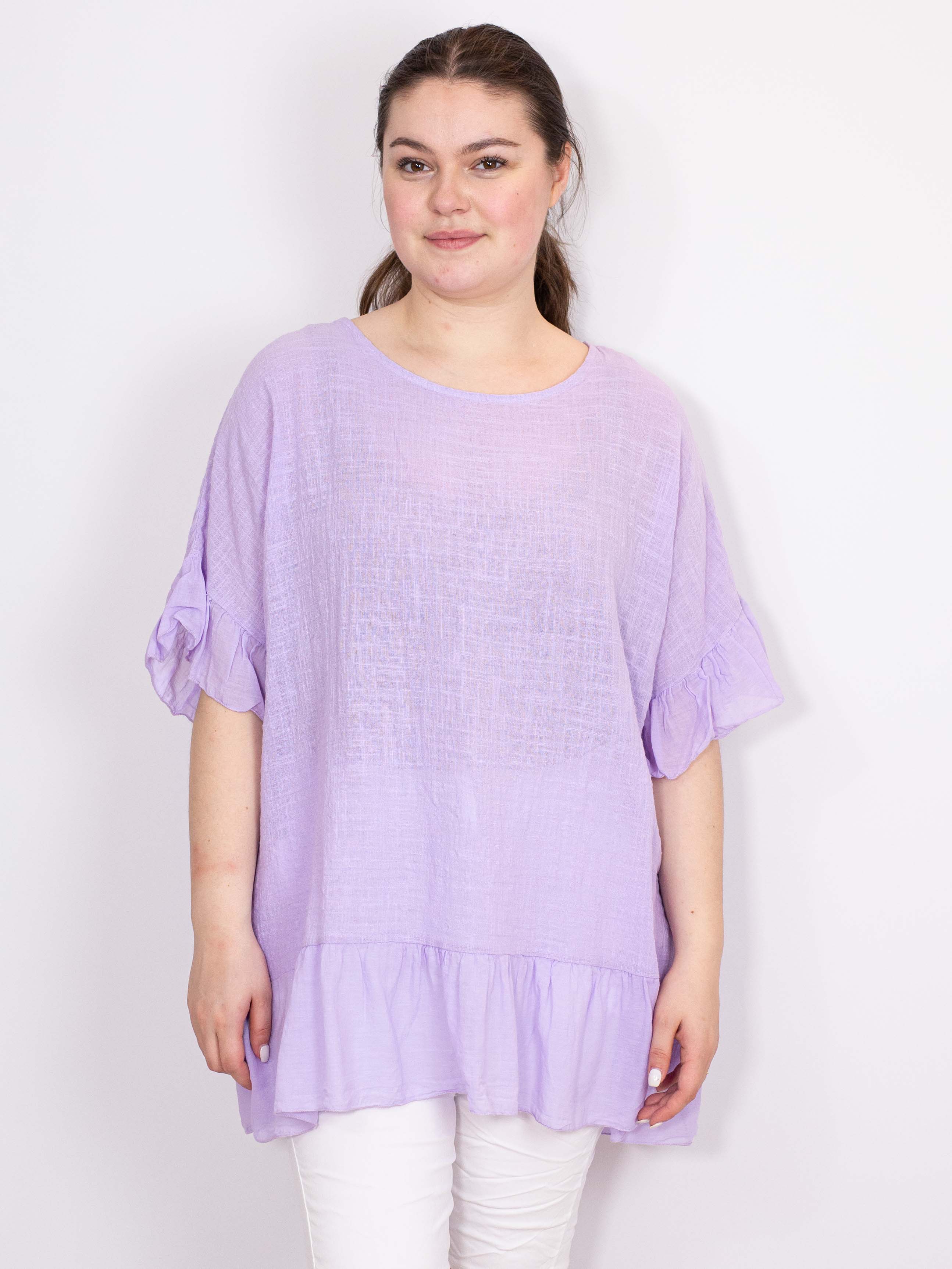 Bomuldsbluse med flæsekanter - Brystmål 140cm