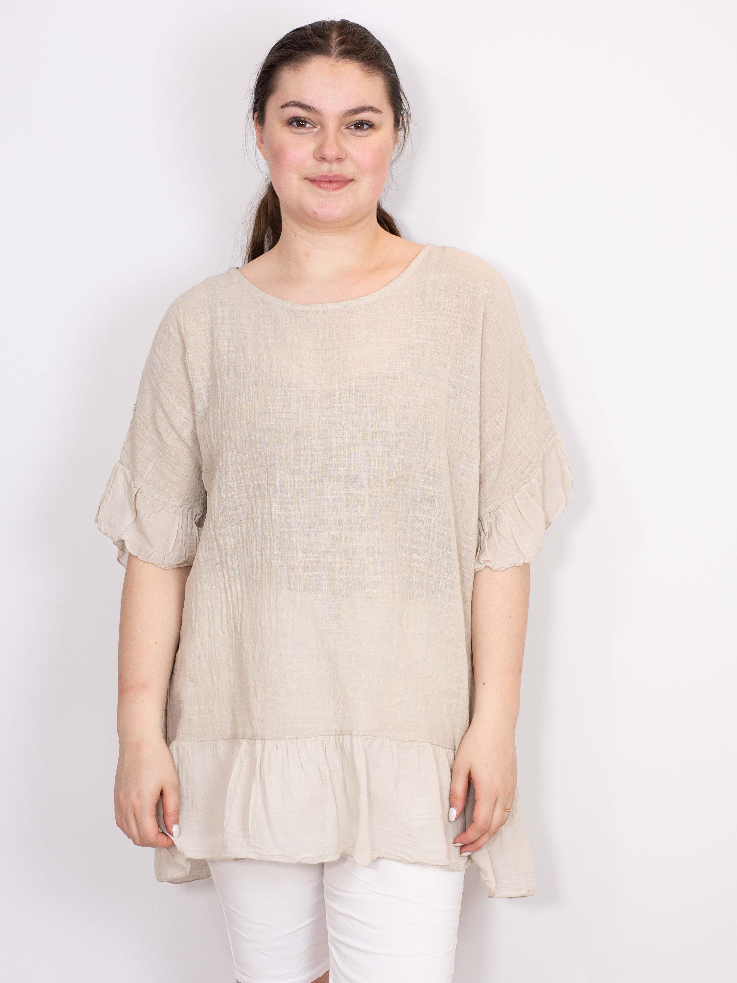 Bomuldsbluse med flæsekanter - Brystmål 140cm