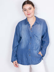 Denimlook skjorte med love bling - Str. 36-46