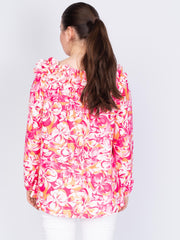 Bluse med flæsekant blomsterprint - Brystmål 130cm