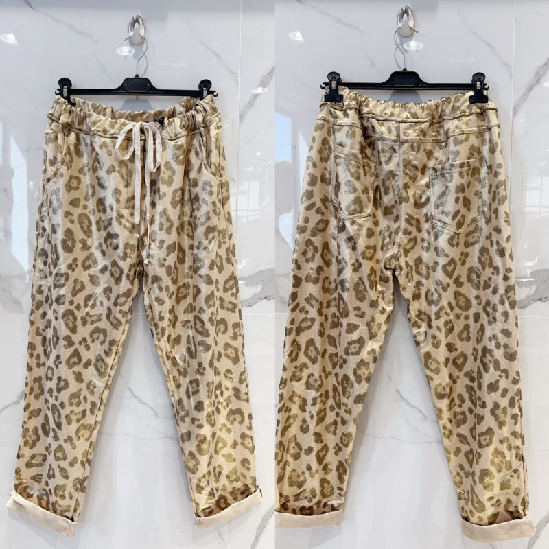 Printet leopard ruskindslook bukser