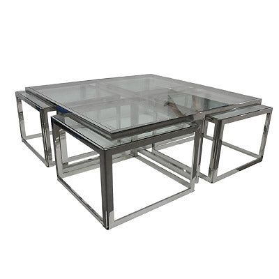 Glas sofabord med 4 små borde 120x120x45cm