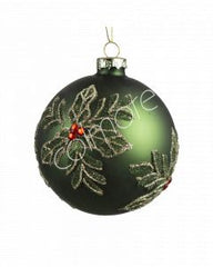 Christmas ball green with red flower 8x8x9cm