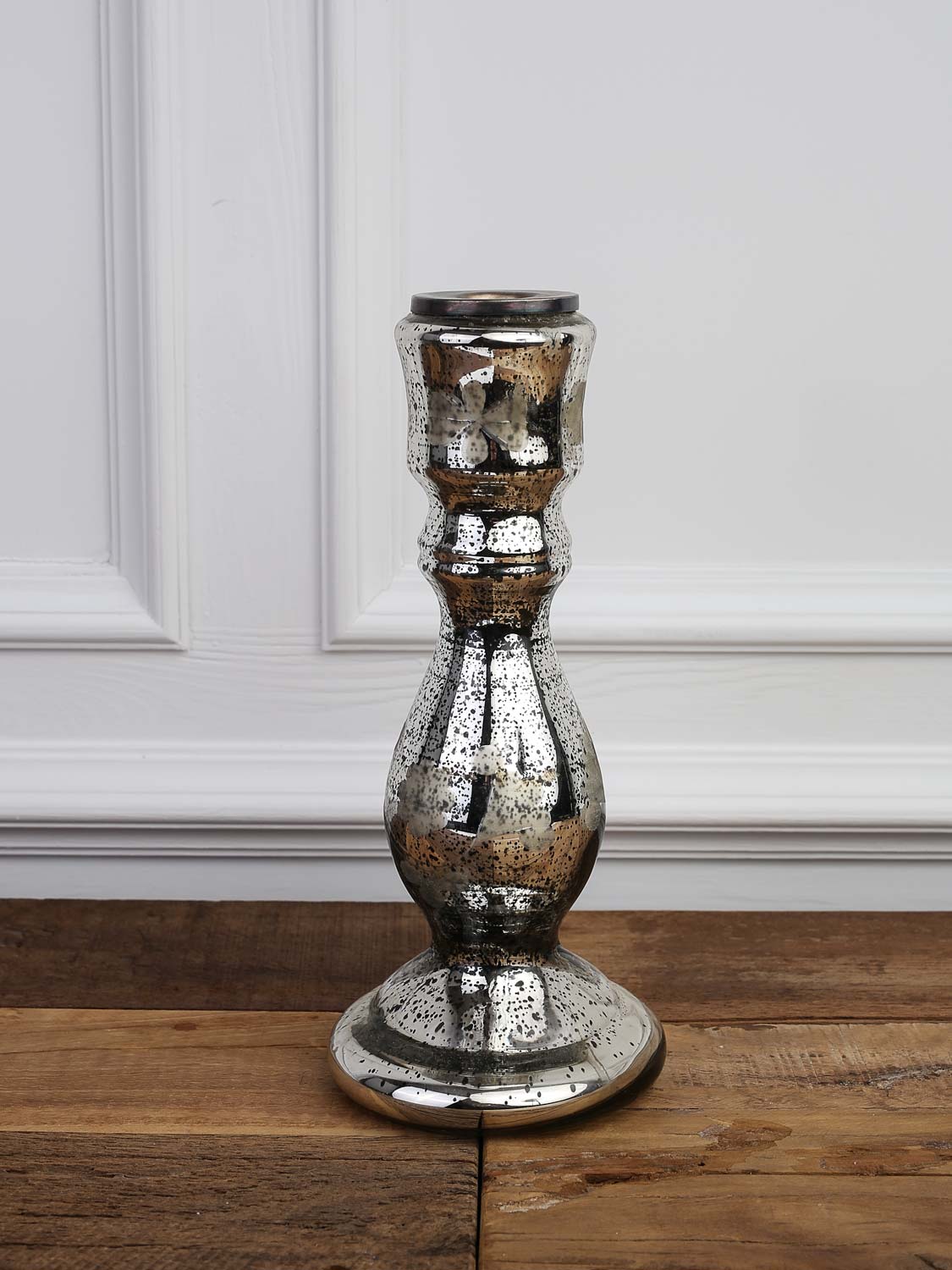 Antique silver candle holder with deco h. 25cm