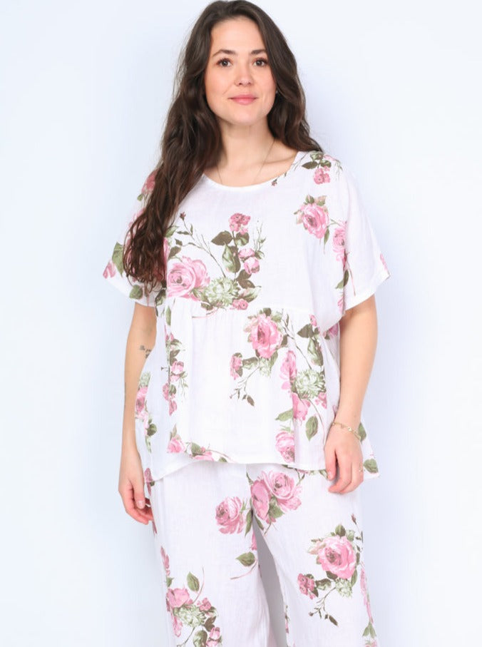 Krone 1 hørbluse m. flæse rose print -