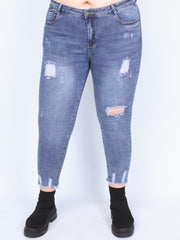 Plus size jeans m. huller og slidtage