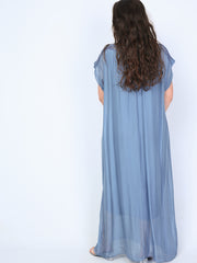 Long silk dress with embroidery and short sleeves