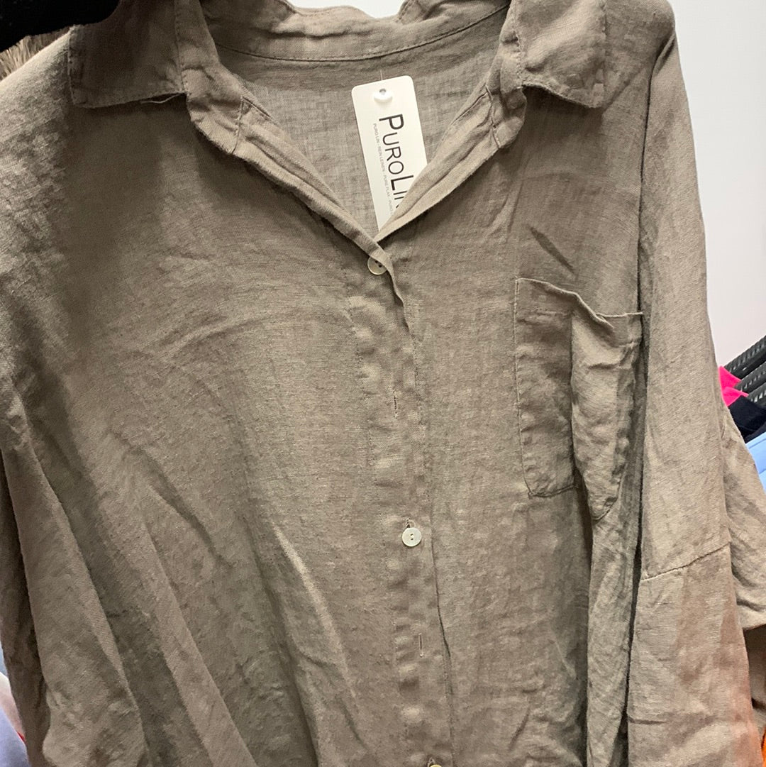 Hørskjorte med knapper og brystlomme taupe - brystmål 160cm
