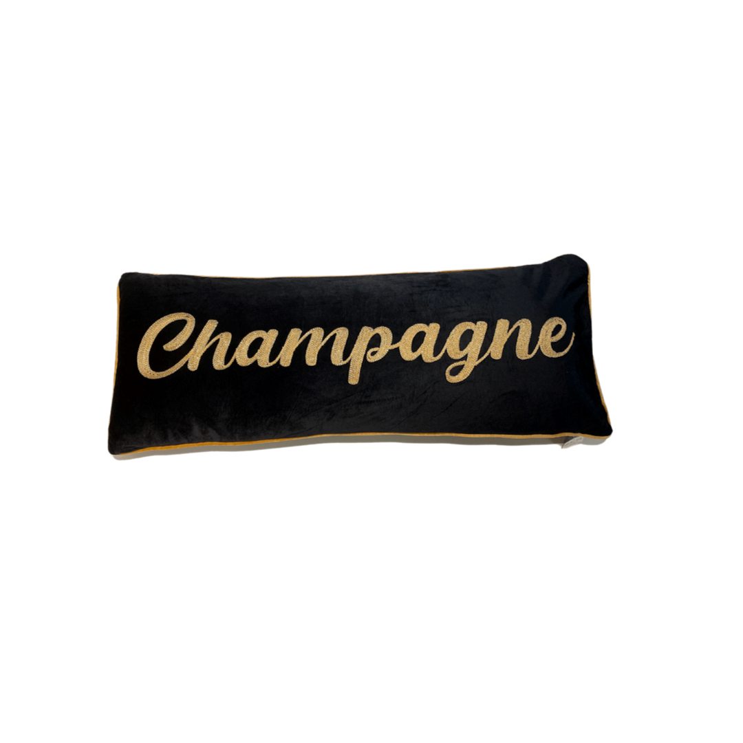 Pude "Champagne" i Velour Sort m. Guldskrift 30x8 cm