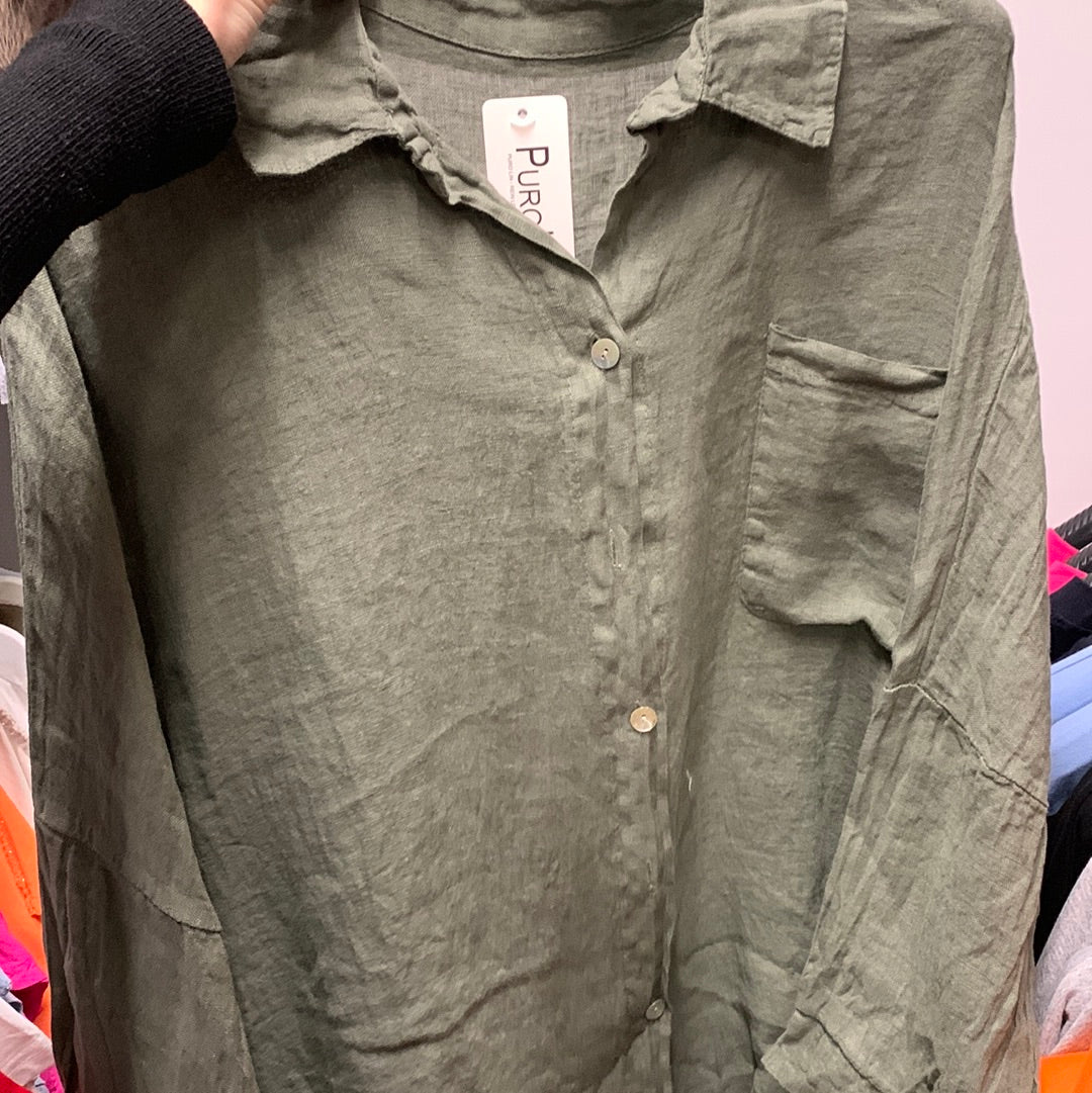 Hørskjorte med knapper og brystlomme khaki - brystmål 160cm