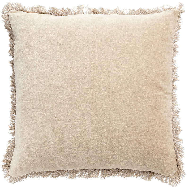 Sandfarvet fløjspude med frynser 60 X 60 CM